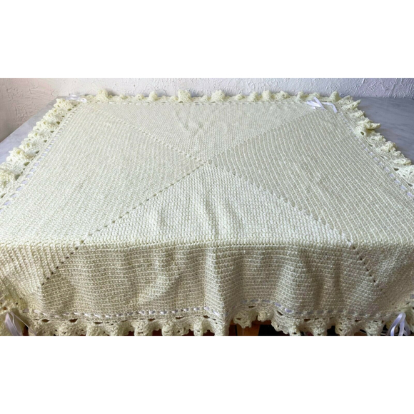 Baby Blanket Afghan Hand Knit Crocheted Soft Yellow with White Ribbon Homemade - Picture 9 of 11